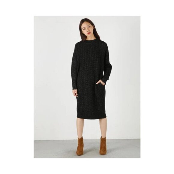 Moussy Mock Neck Knee Lenght Cableloose Knit Sweater Dress Black Fits Large Edgy - Picture 14 of 16